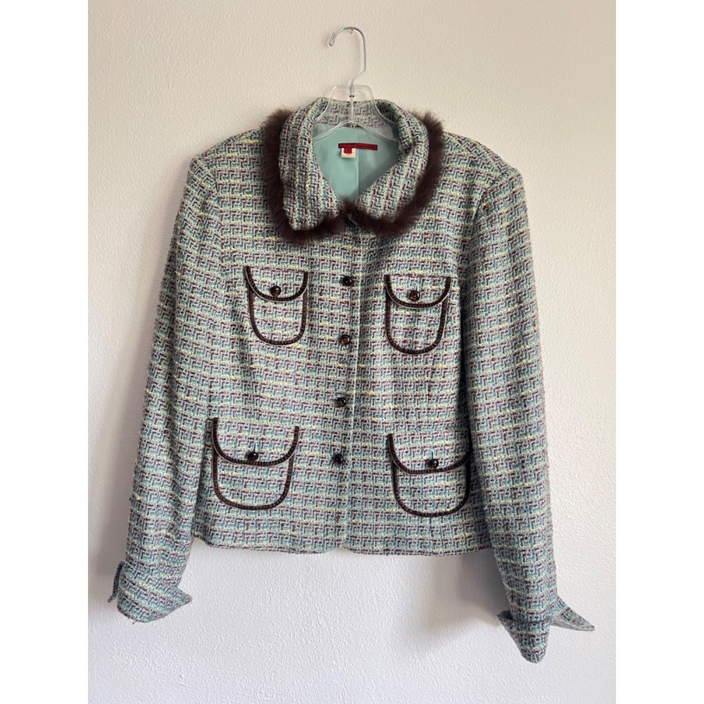 TapeMeasure Vintage Y2K MulticolorTweed Fur Trim Blazer Jacket Anthropologie 14